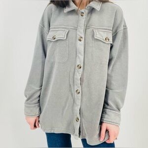 Aerie Luxe Trucker Shacket Cozy Boho Oversized Cotton Gray Green Pockets S